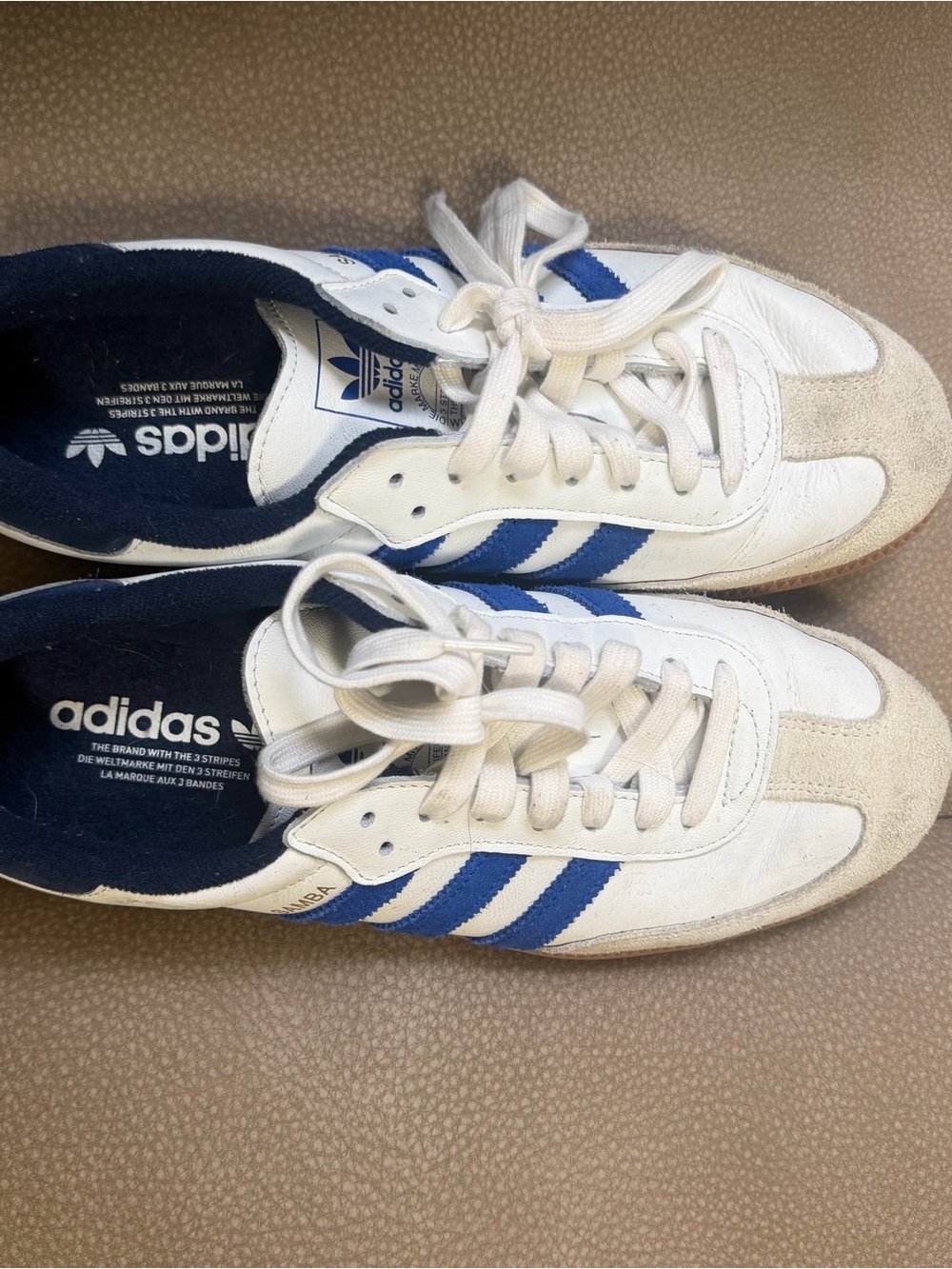 adidas White and Blue Samba Sneakers